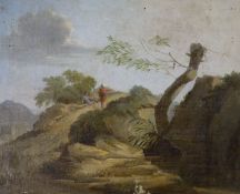 Late 18th century Italian School. Figures on a Mountain Pass. Oil on canvas, unframed 14.5" x 18"