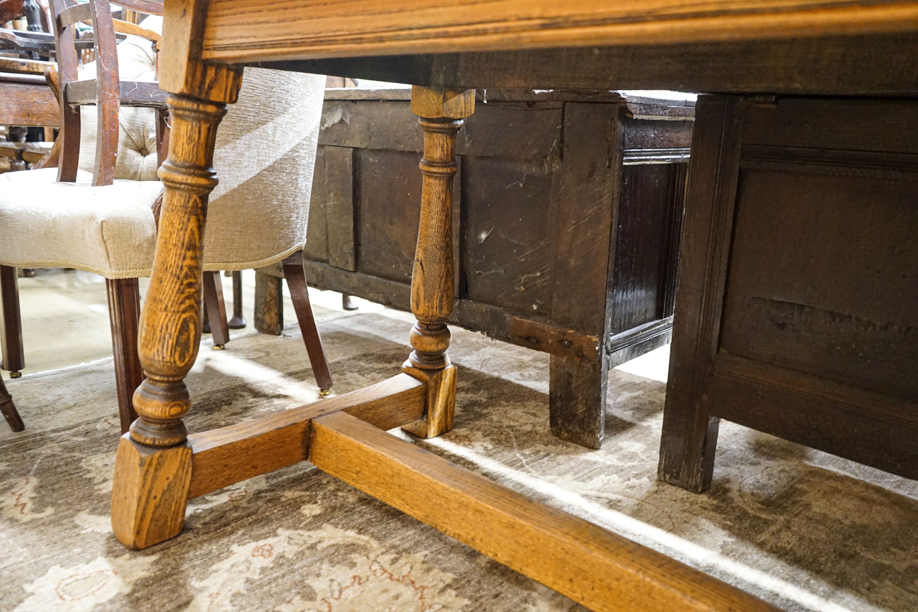 An 18th century style rectangular oak refectory dining table, length 202cm, depth 78cm, height 80cm - Image 6 of 6