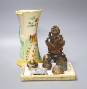 A Chinese soapstone carving, 16cm, a Chinese metal Matchbox holder, and four Chinese cloisonne