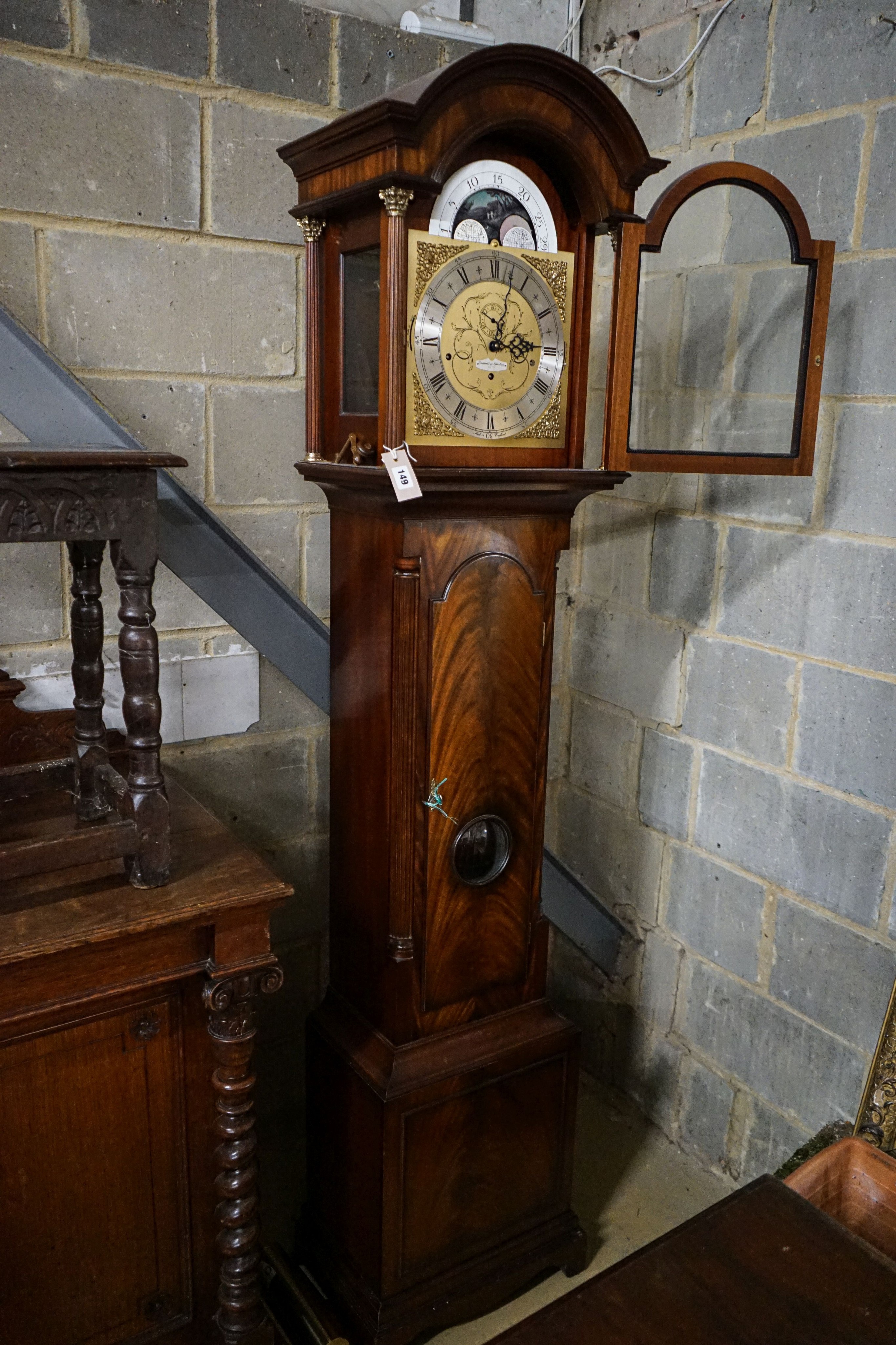 A modern mahogany longcase clock by Comitti London eight day, striking and chiming movement, brass - Image 4 of 8