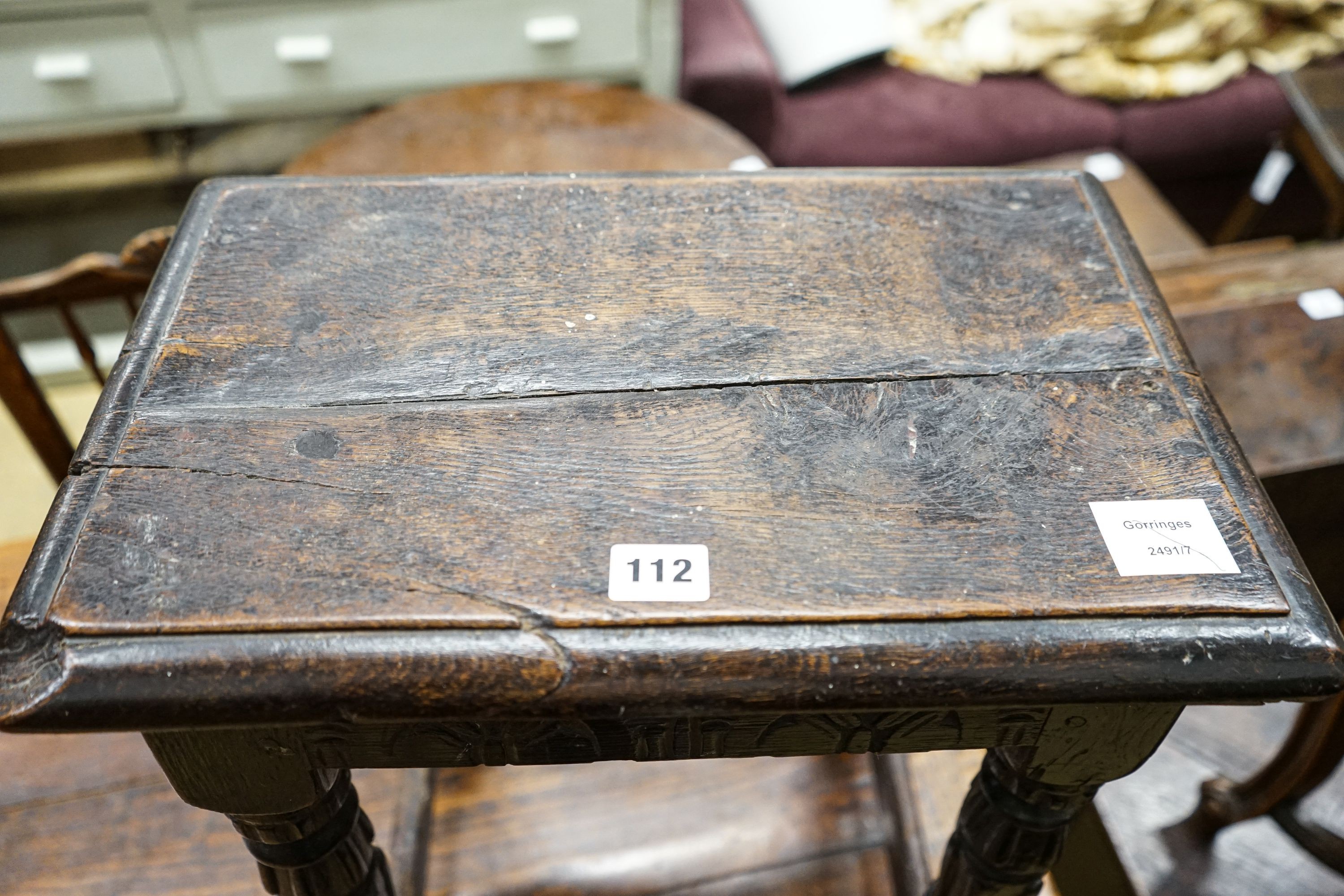 A late 18th century style stained oak joint stool, with turned and fluted legs, width 44cm, depth - Image 5 of 5