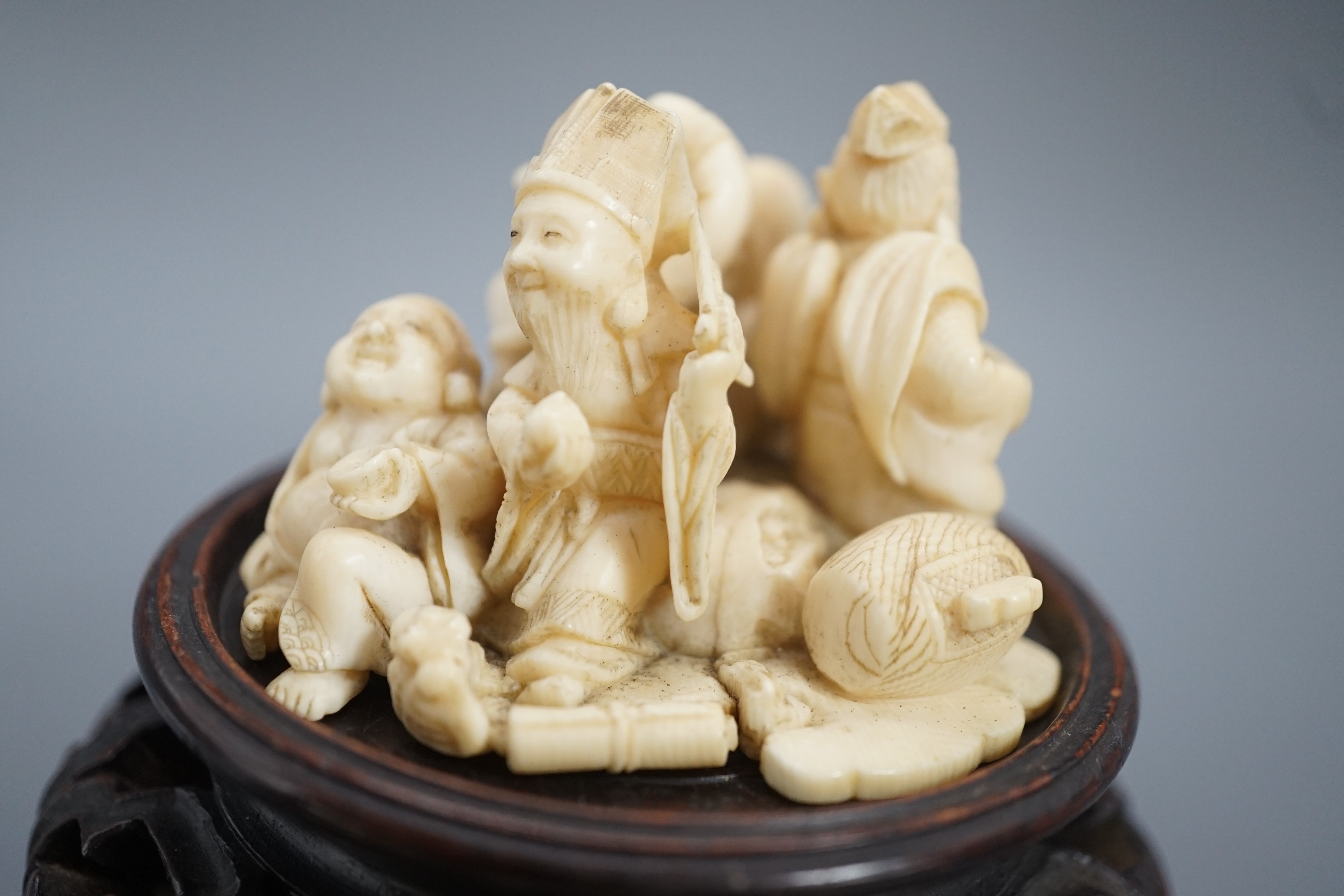 A Japanese ivory okimono of four of the Gods of Happiness, signed Gyokuzan, early 20th century, 6cm - Image 8 of 8