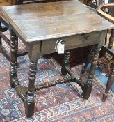 A William and Mary rectangular oak side table on turned legs with H stretcher, width 65cm, depth