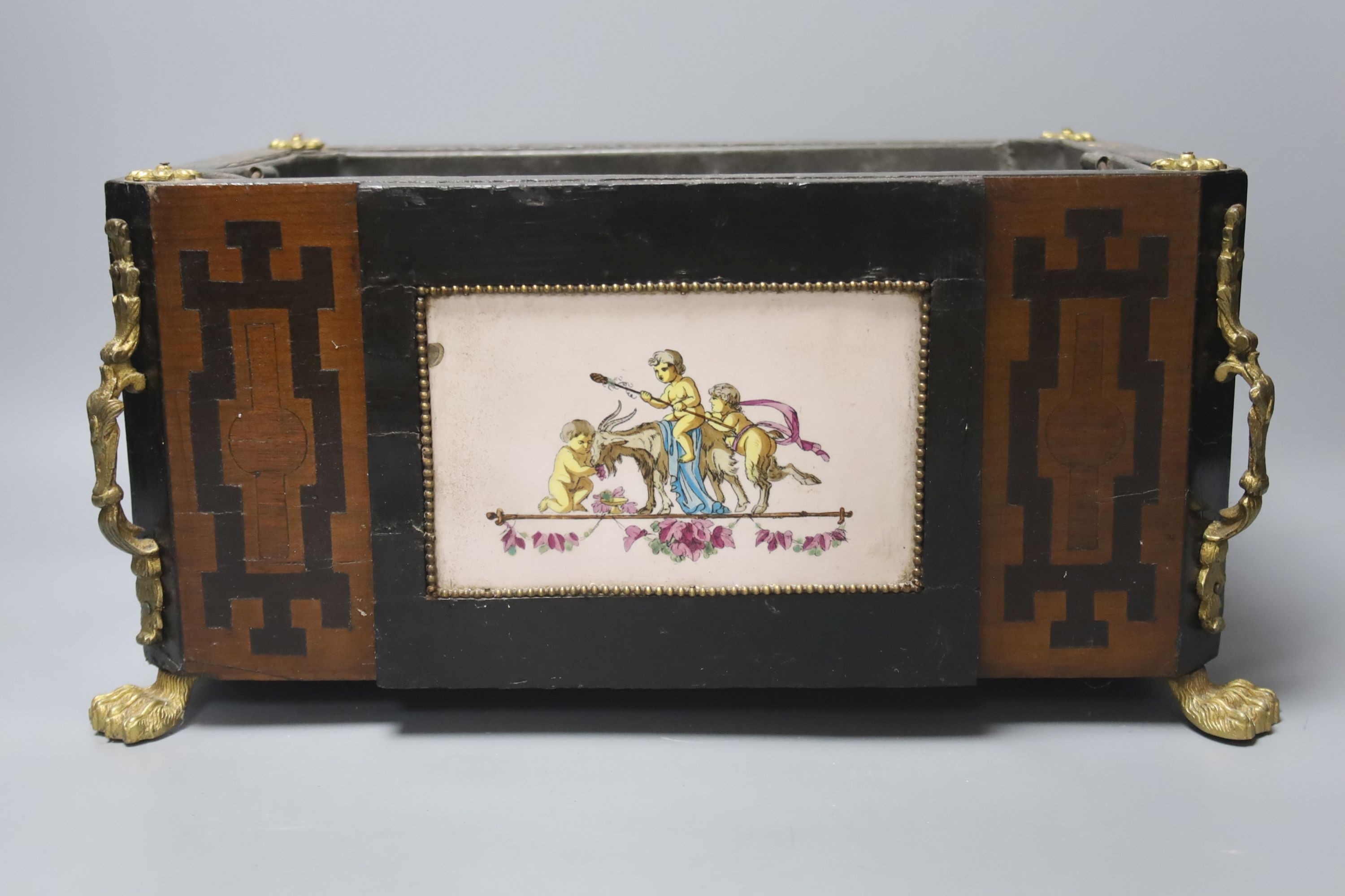 A 19th French faience tile inset marquetry jardiniere, with ormolu mounts and tin liner, width 35cm - Image 2 of 3