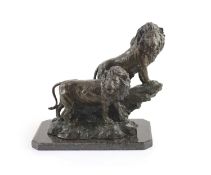 Barry Jackson (SA, 1948-), a bronze group of two lions,standing upon a naturalistic base, signed and