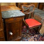 A Victorian mahogany commode cupboard with grey marble top, width 93cm, depth 36cm, height 75cm