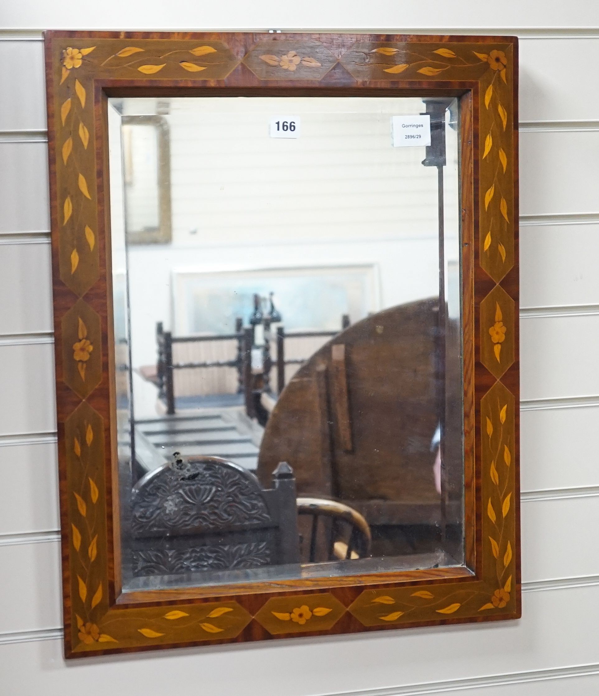 A Dutch floral rectangular marquetry and mahogany mirror, width 50cm, height 62cm