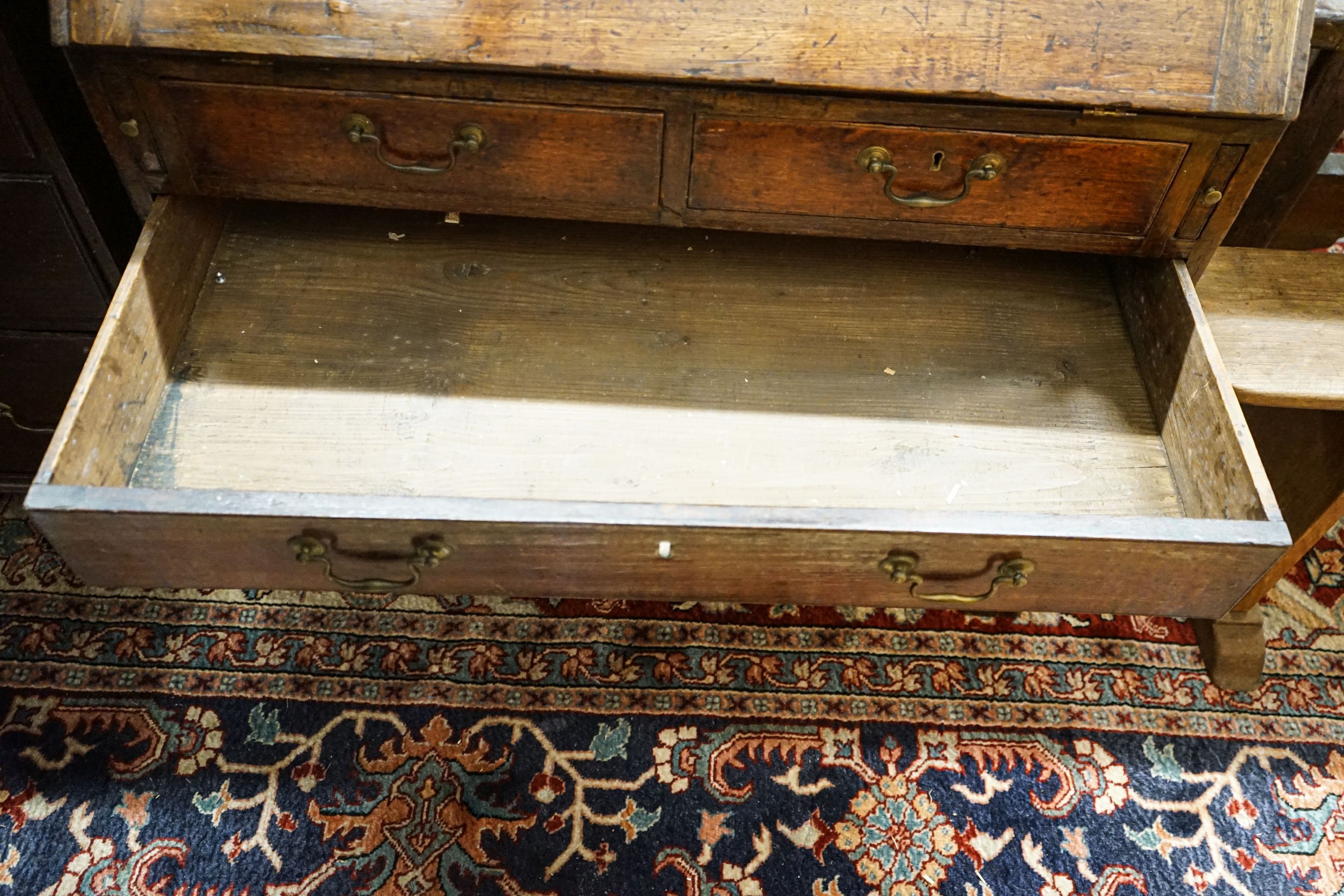 A George III oak bureau, with fitted interior, two short and three long drawers, width 92cm, depth - Image 5 of 6