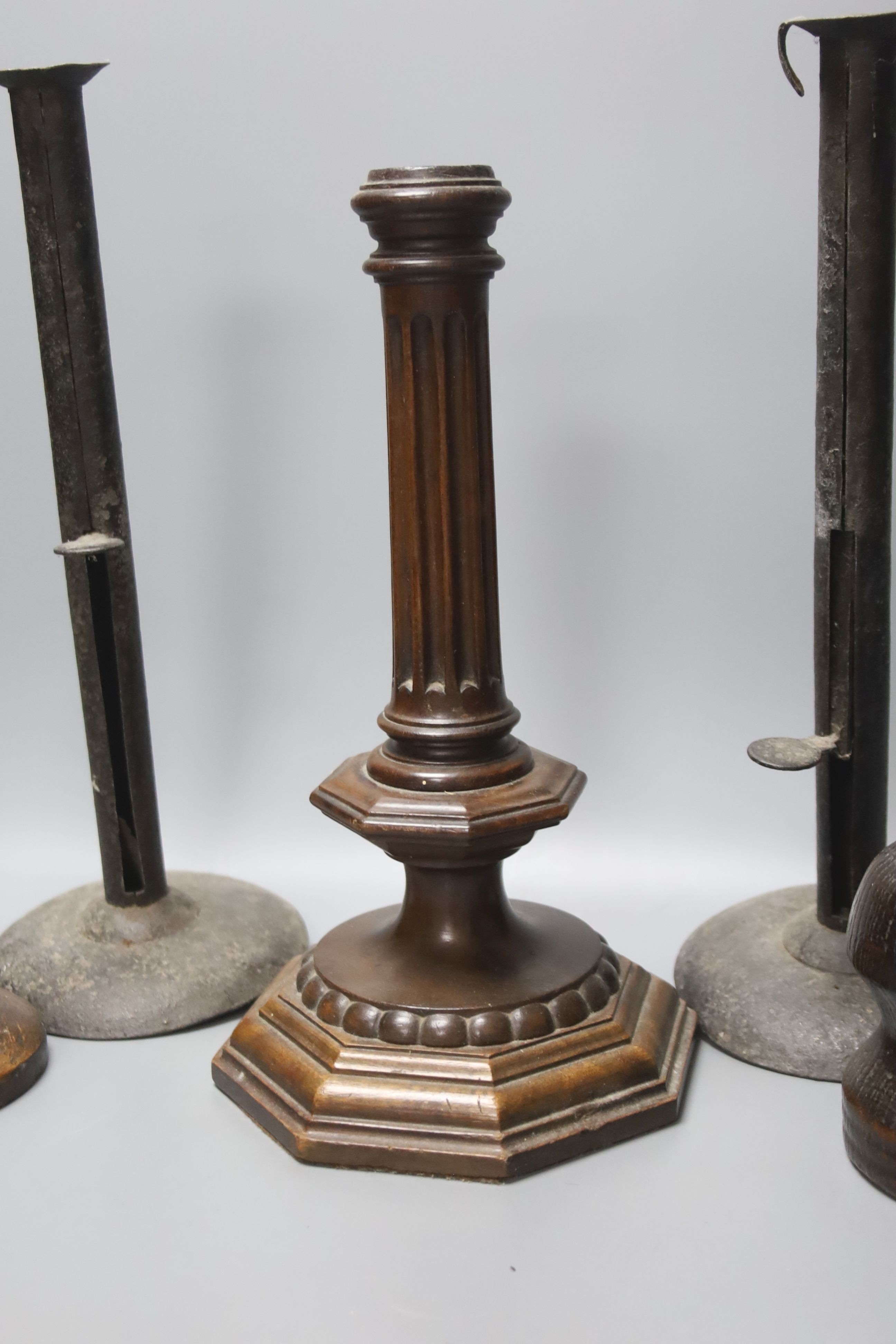 A wrought iron taperstick, a pair of iron telescopic candlesticks, a spiral candlestick, all - Image 3 of 4