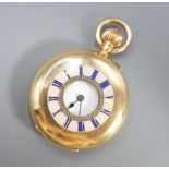 An Edwardian 18ct gold and guilloche enamel half hunter fob pocket watch, case diameter 35mm,