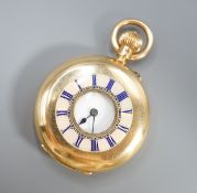 An Edwardian 18ct gold and guilloche enamel half hunter fob pocket watch, case diameter 35mm,