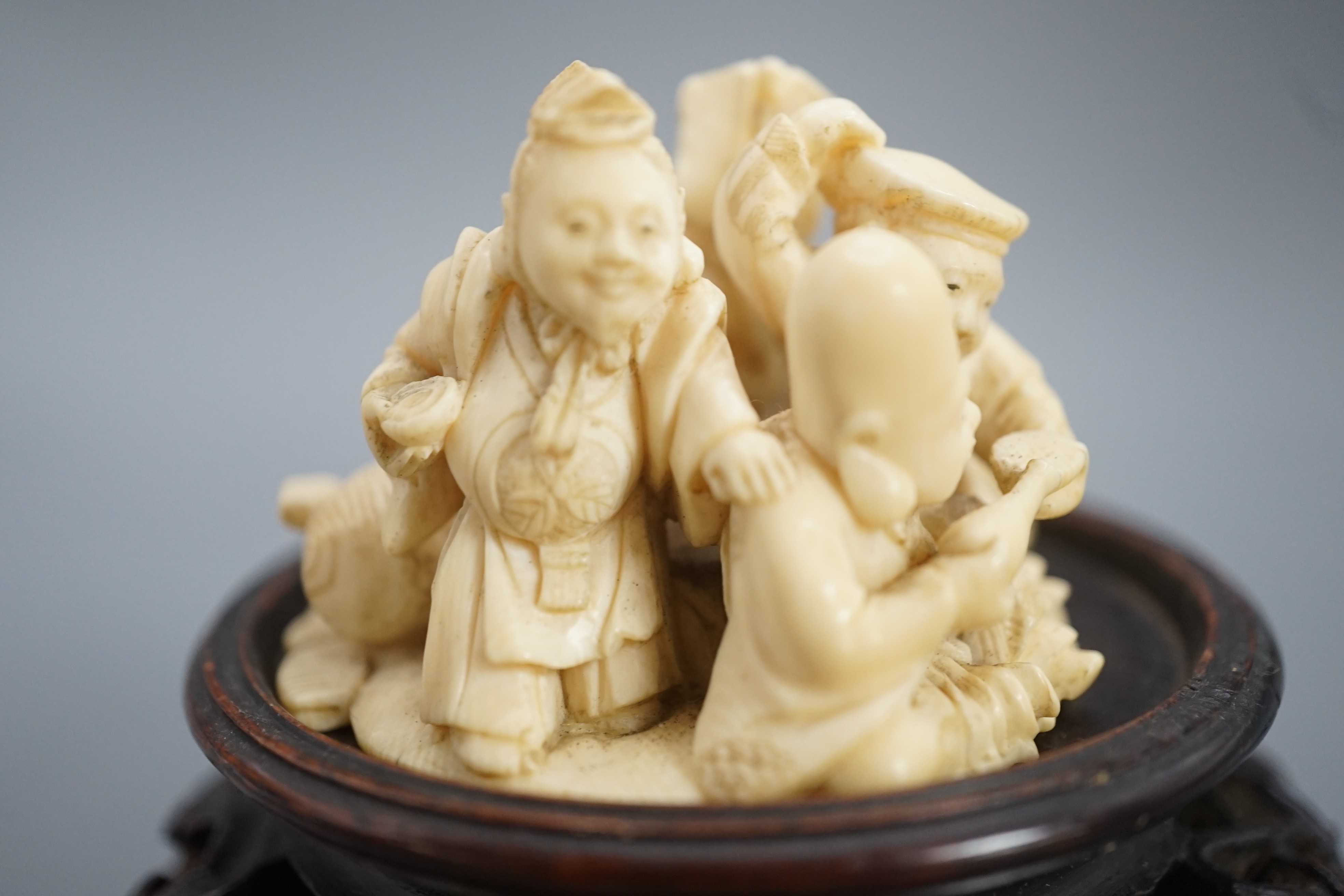 A Japanese ivory okimono of four of the Gods of Happiness, signed Gyokuzan, early 20th century, 6cm - Image 5 of 8