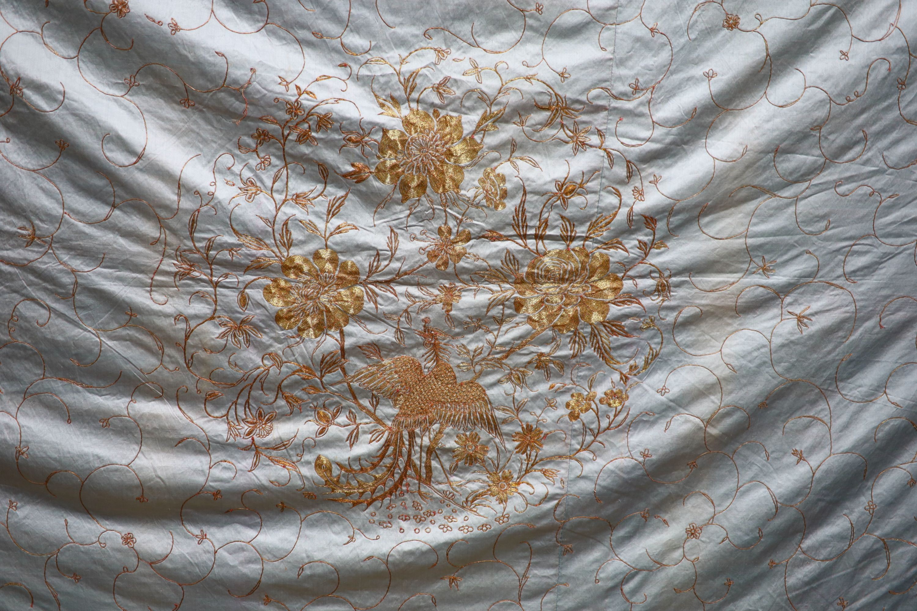 A Chinese late 19th/early 20th century silk satin pale blue bed cover, embroidered with gold - Image 9 of 14