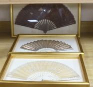 Two 19th century lace edged hand painted fans and a gilt and ivory fan, in 3 cases, largest case