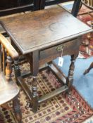 A small William and Mary rectangular oak side table on baluster turned legs, width 51cm, depth 41cm,