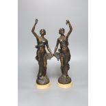 A pair of patinated spelter figures 37cm