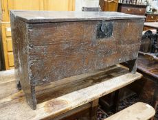 A 17th century oak and elm six plank coffer, width 104cm, depth 36cm, height 54cm