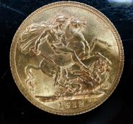 A George V 1912 gold sovereign.