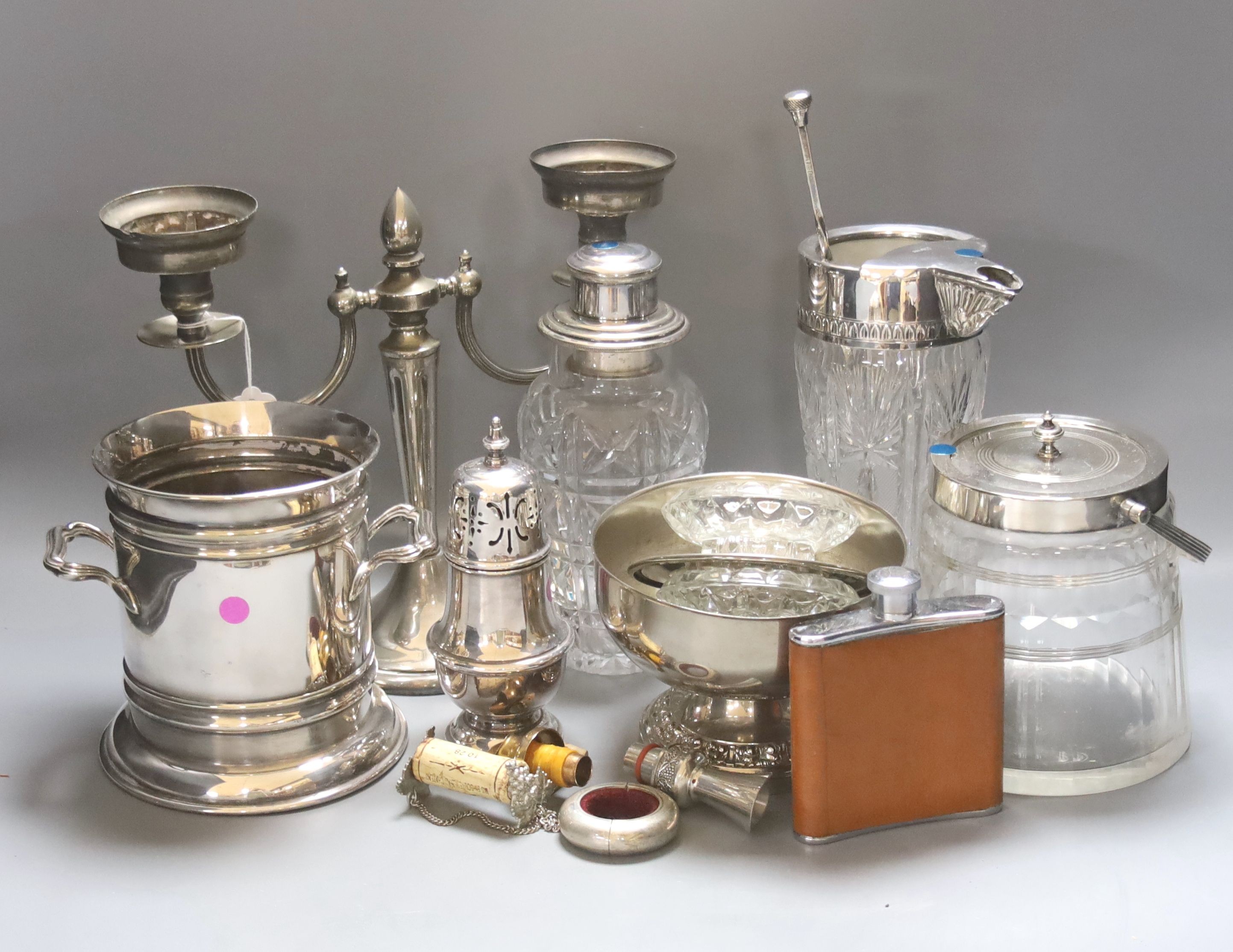 Assorted plated wares including a mounted glass biscuit barrel.