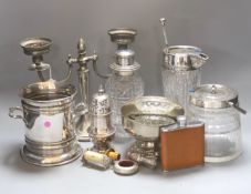 Assorted plated wares including a mounted glass biscuit barrel.