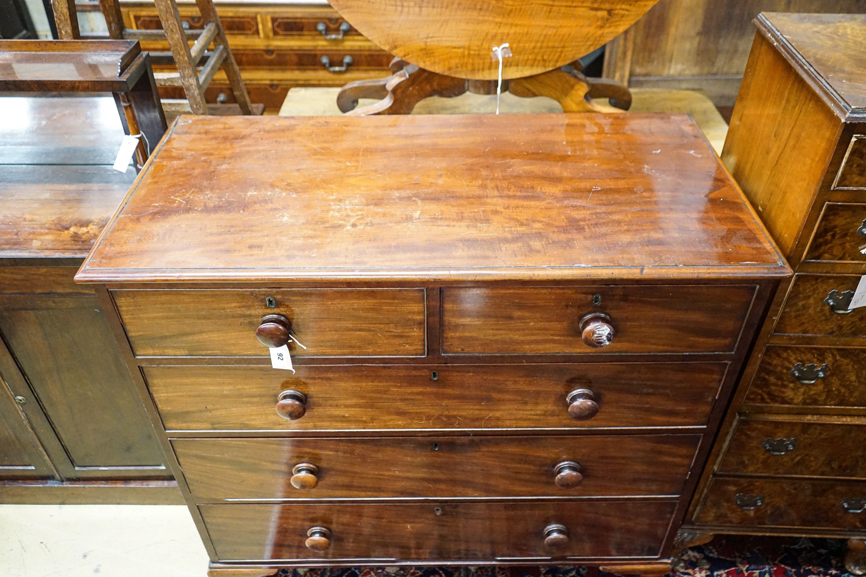 A Victorian mahogany chest fitted two short and three long drawers on bracket feet, width 108cm,