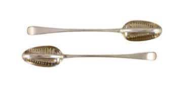 A pair of George III silver feather edge Old English pattern straining spoons, marks pinched,London,