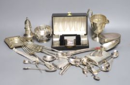 Sundry silver and plated items including flatware, sugar nips, small bowl, ashtray, cigarette