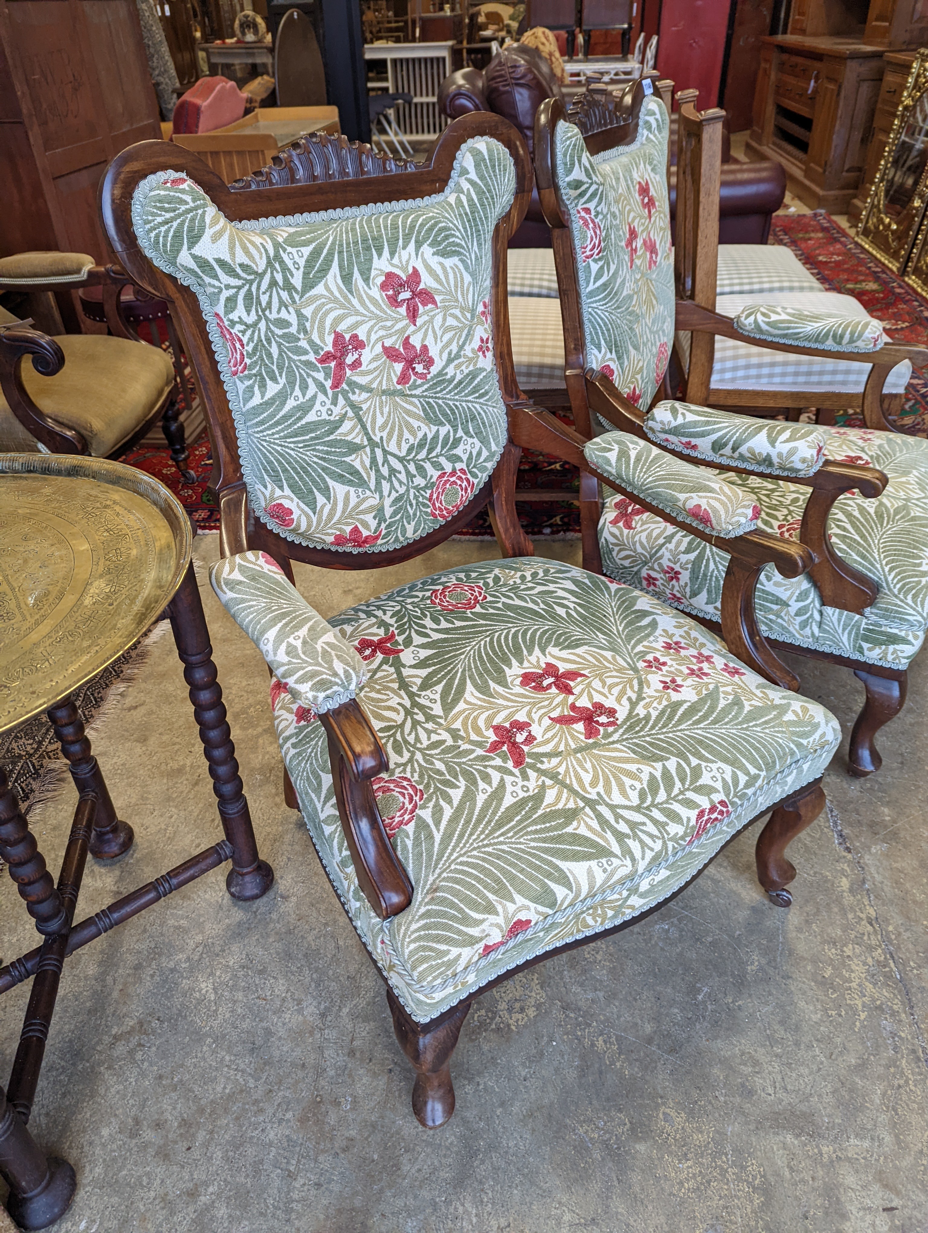 A pair of late Victorian mahogany upholstered drawing room chairs - Image 2 of 5