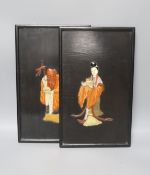 A pair of Chinese soapstone inlaid lacquer panels of two immortals, early 20th century 34x20cm