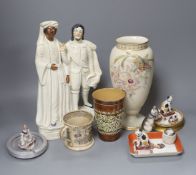 Mixed ceramics including a Staffordshire flat back ‘Othello & Iago, various cat and dog figures, a