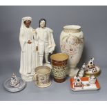 Mixed ceramics including a Staffordshire flat back ‘Othello & Iago, various cat and dog figures, a