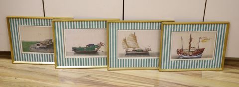 A set of four 19th century Chinese pith paper paintings of junk boats, each 18.5 x 27 cm