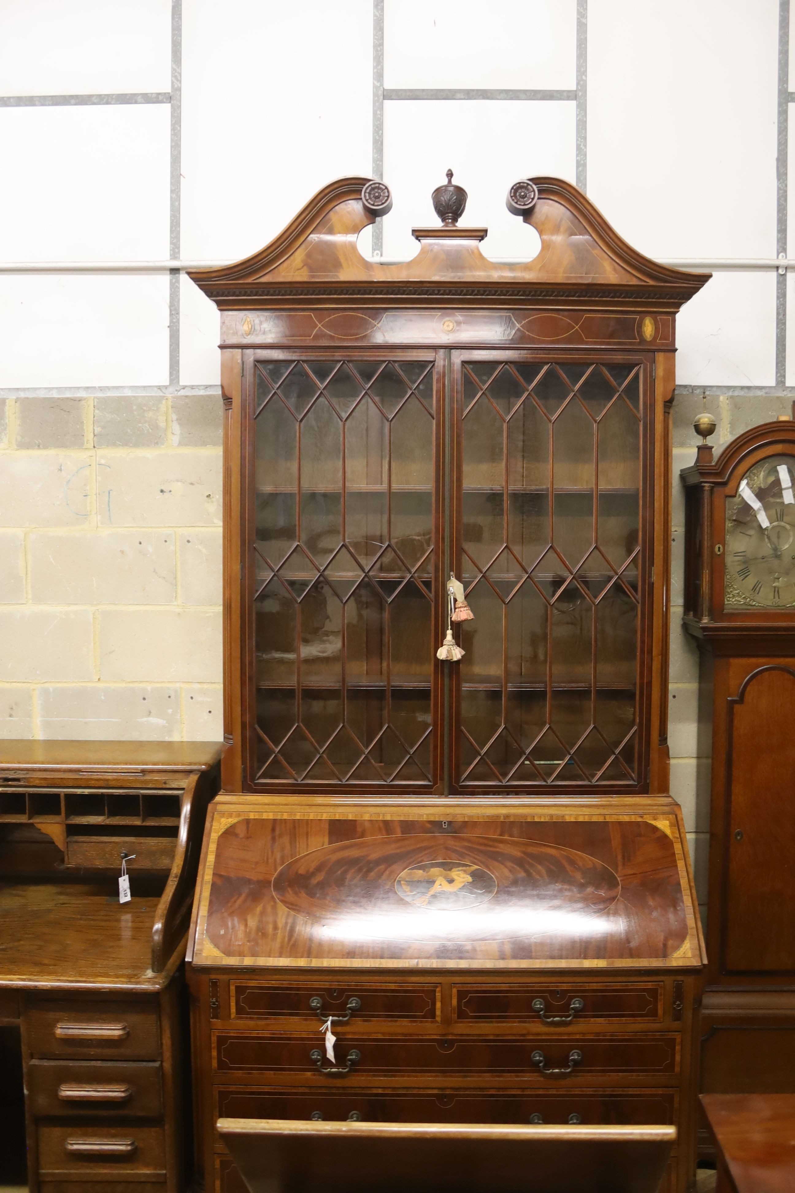 A George III style inlaid mahogany bureau bookcase, length 132cm, depth 57cm, height 276cm - Image 2 of 3