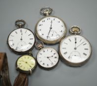 An early 20th century silver open face pocket watch, two white metal fob watches, a white metal