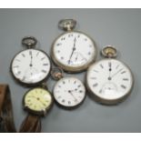 An early 20th century silver open face pocket watch, two white metal fob watches, a white metal