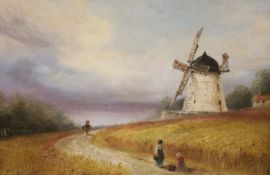 Sarah Louise Kilpack, oil on board, Lane through a cornfield with windmill beyond, signed, 19 x