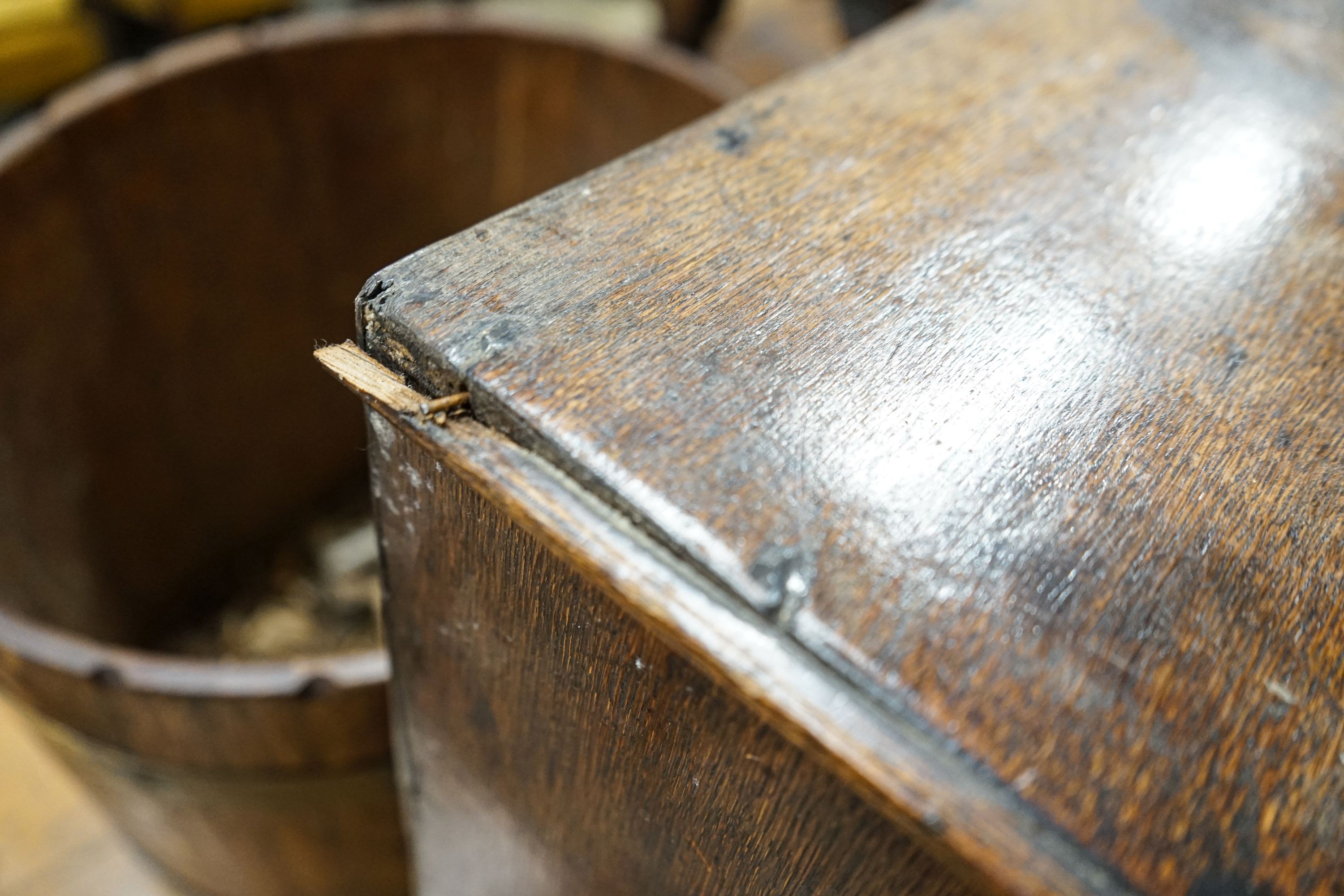 A late 17th century oak spice cupboard, with geometric panelled door enclosing five small drawers, - Image 3 of 6