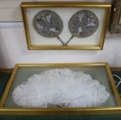 An ostrich feather fan, case 45 x 75.5 cm and a pair of cased 19th century bead worked face screens