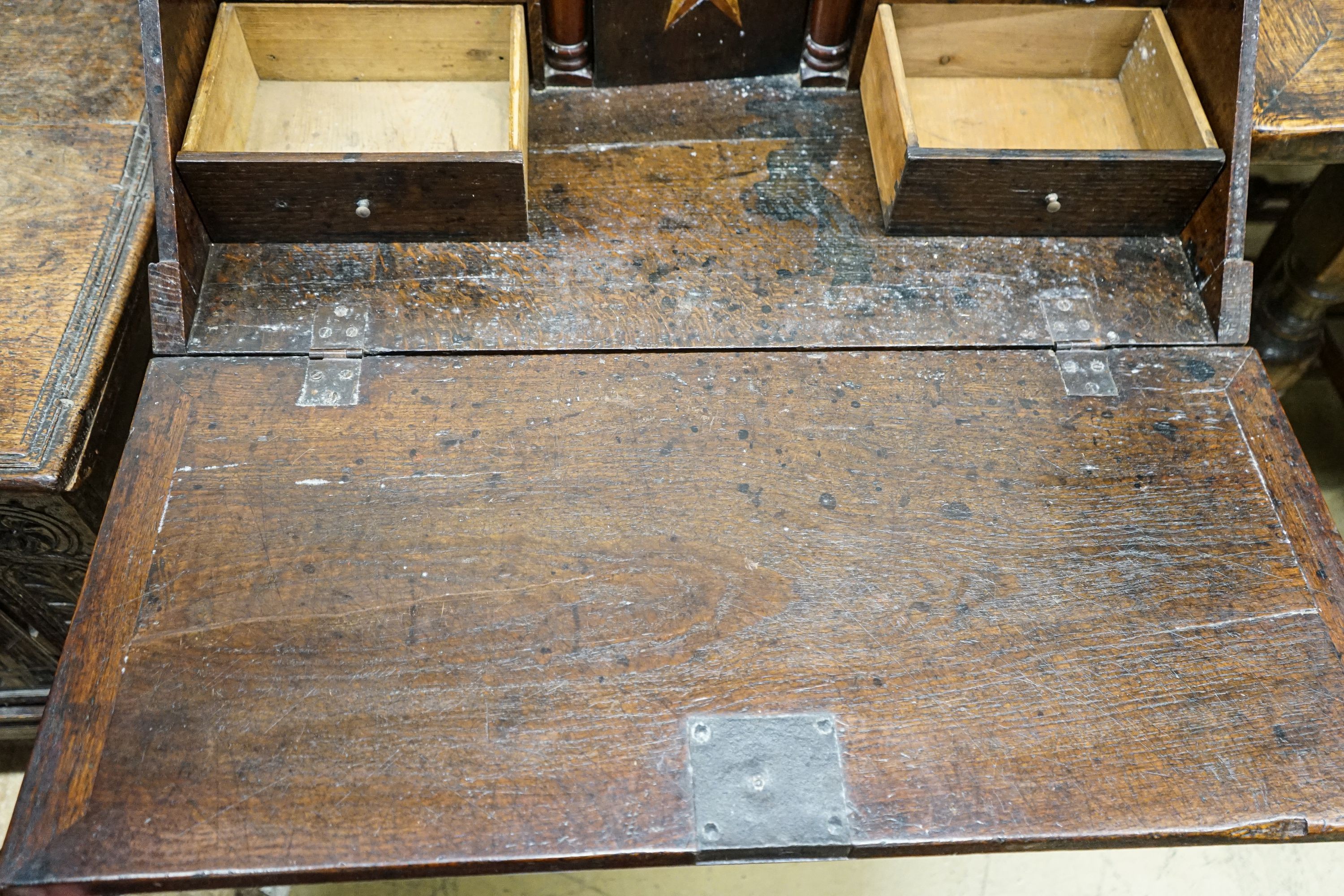 A mid 18th century inlaid oak and elm bureau, with fitted interior and single drawer, width 77cm, - Image 4 of 5