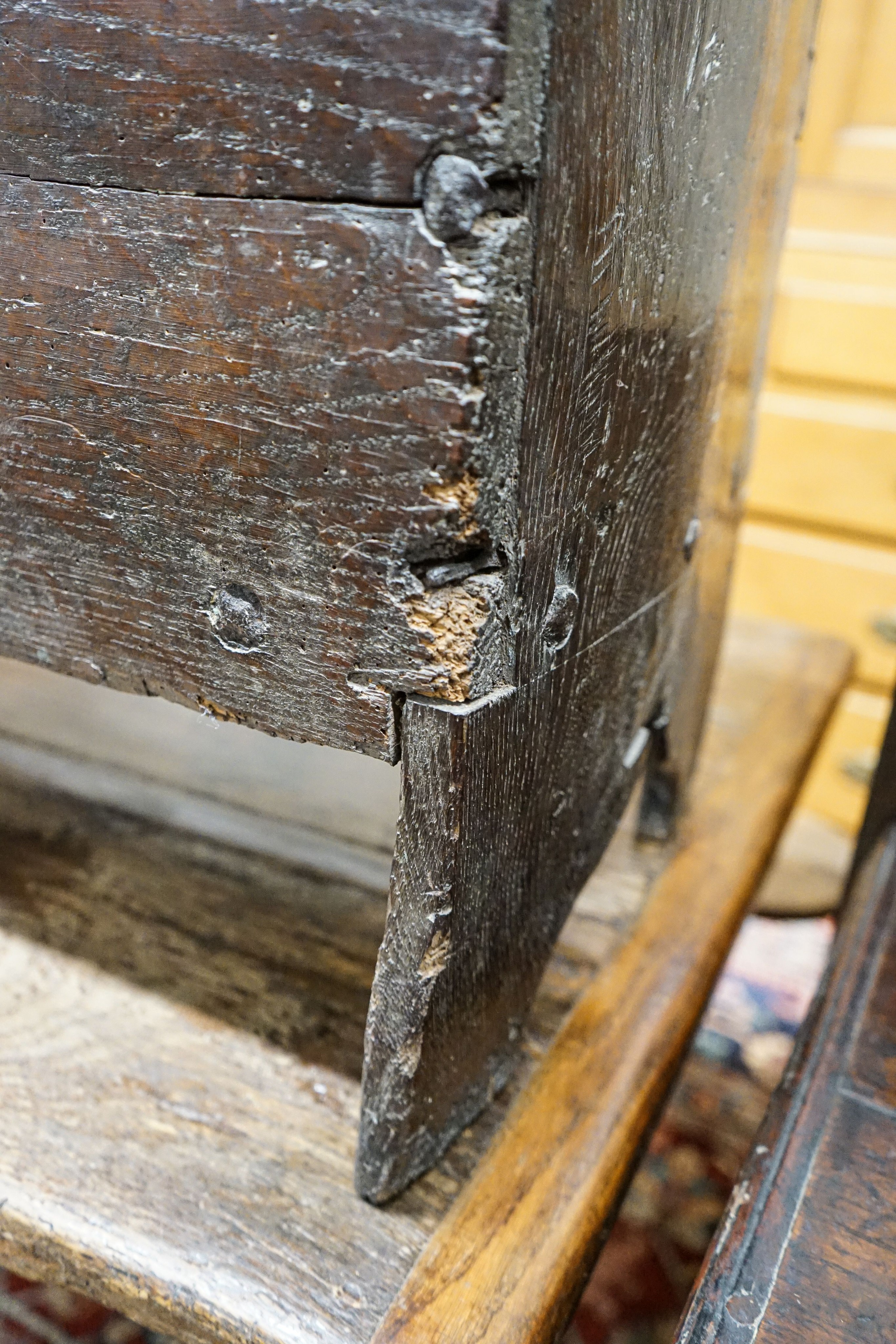 A 17th century oak and elm six plank coffer, width 104cm, depth 36cm, height 54cm - Image 3 of 8