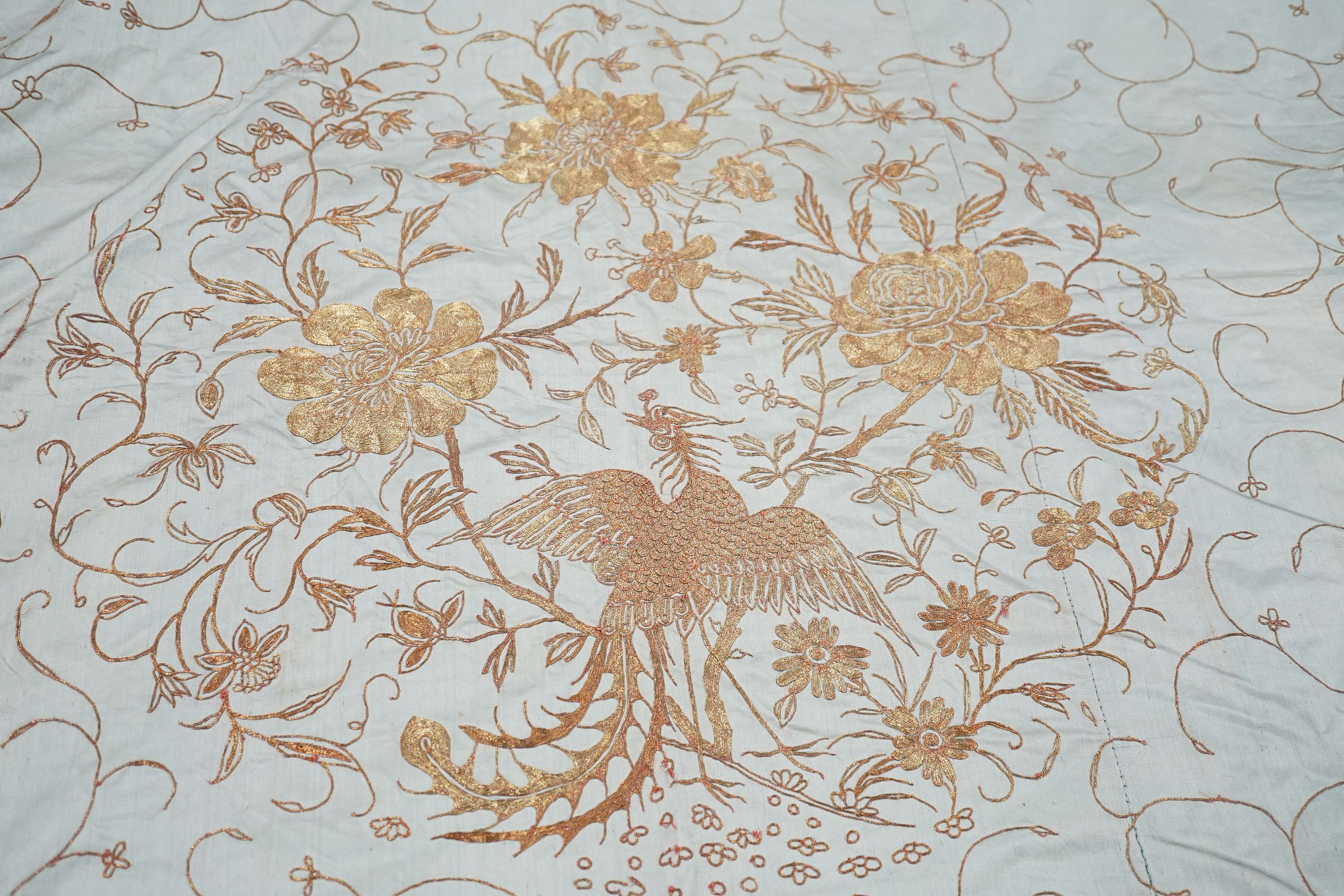 A Chinese late 19th/early 20th century silk satin pale blue bed cover, embroidered with gold - Image 2 of 14