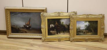 Three Victorian oils including William Shayer Senior, oil on canvas, horses watering, 19.5 x 26