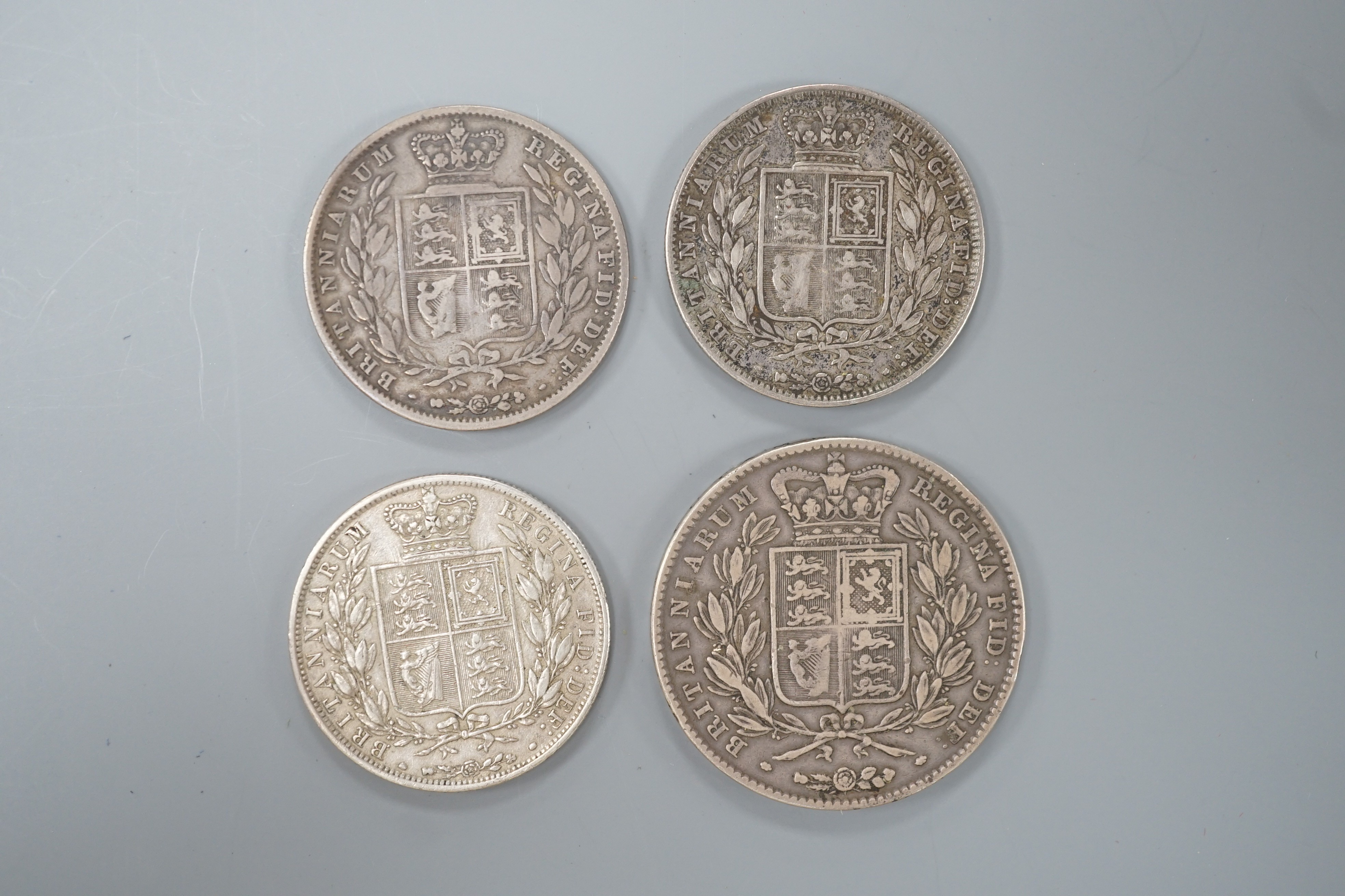 Victoria silver crown 1844, F and three halfcrowns 2 x 1846, NVF and F and 1841 GVF