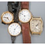 Four assorted early 20th century 9ct gold manual wind wrist watches, all a.f.gross weight 75 grams.