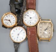 Four assorted early 20th century 9ct gold manual wind wrist watches, all a.f.gross weight 75 grams.