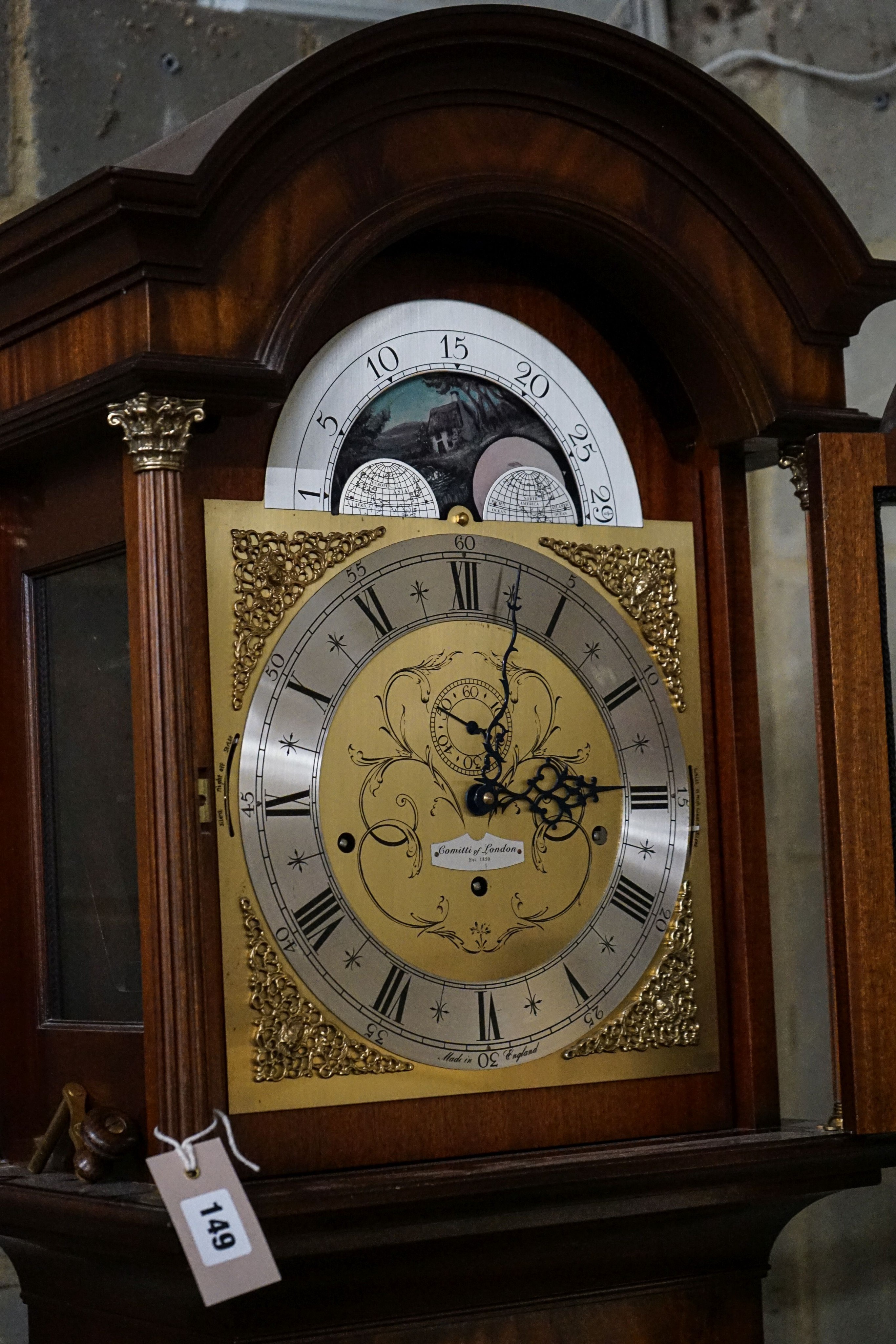 A modern mahogany longcase clock by Comitti London eight day, striking and chiming movement, brass - Image 3 of 8