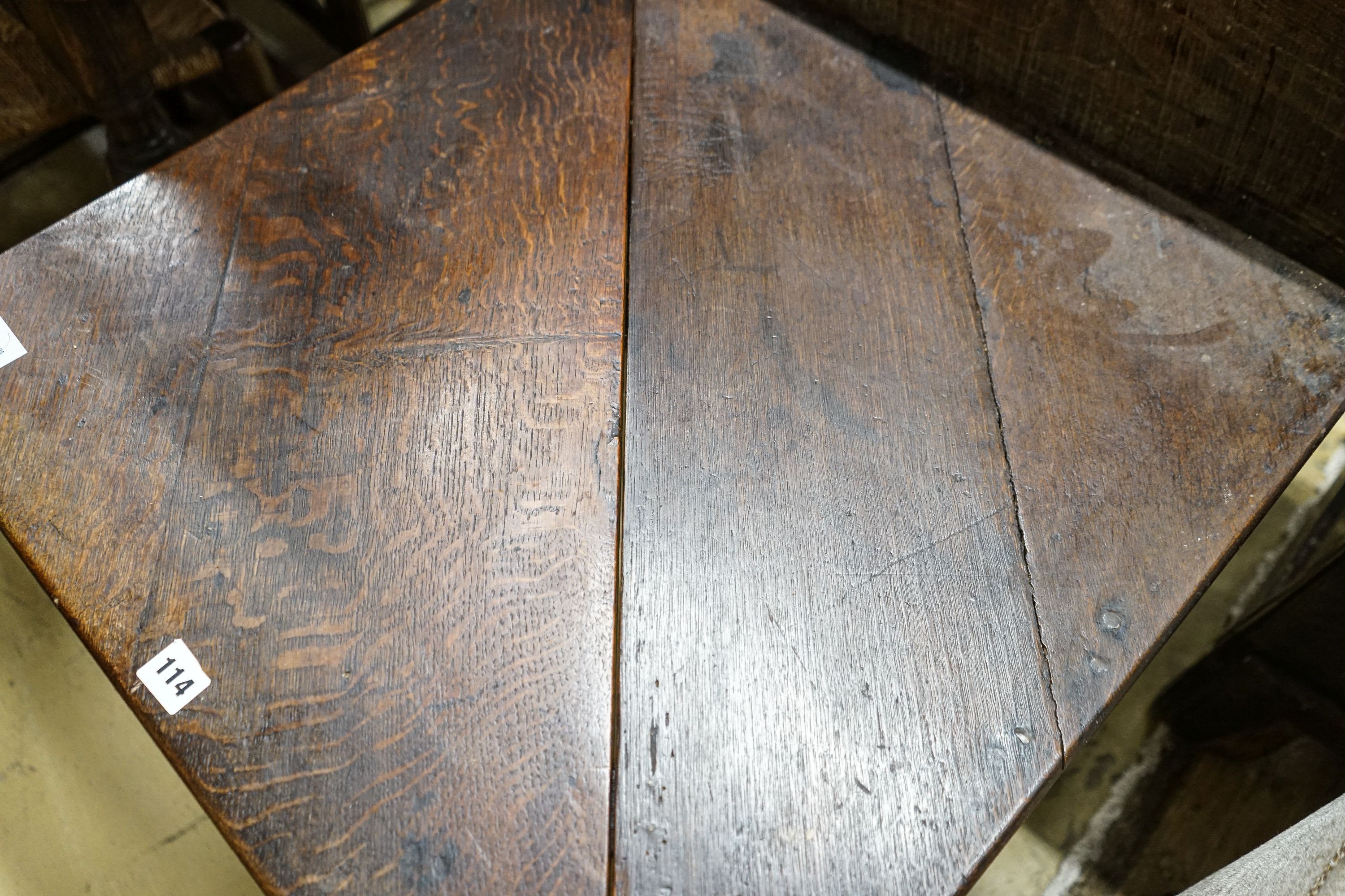 A George II oak folding top tea table, with triangular flap, on turned legs and pad feet, 64cm - Image 3 of 3