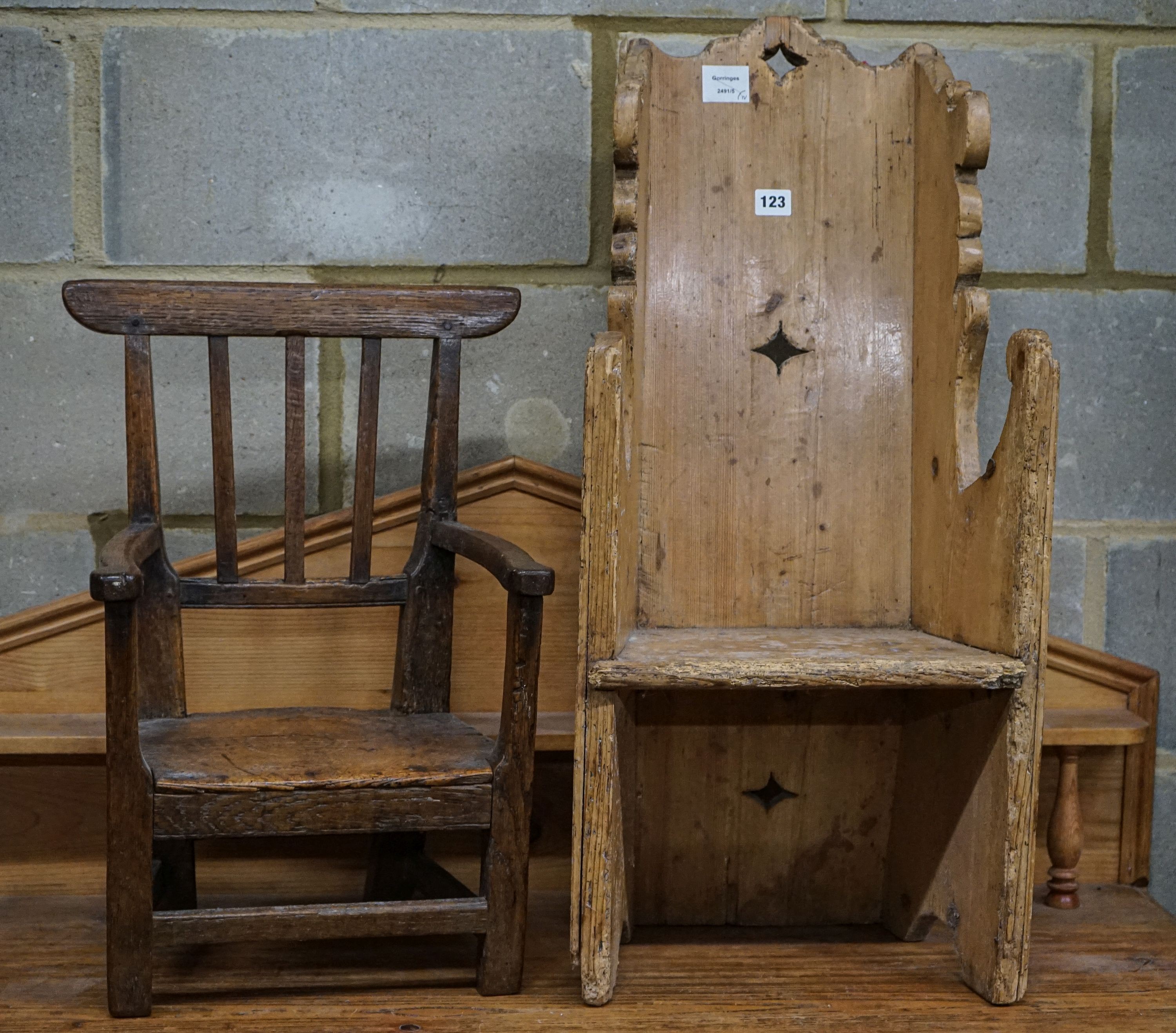 An early 19th century primitive oak child's chair with solid seat, width 39cm height 56cm and a - Image 2 of 4