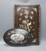 Two Chinese mother of pearl inlaid hongmu trays, the rectangular example with birds and insects amid