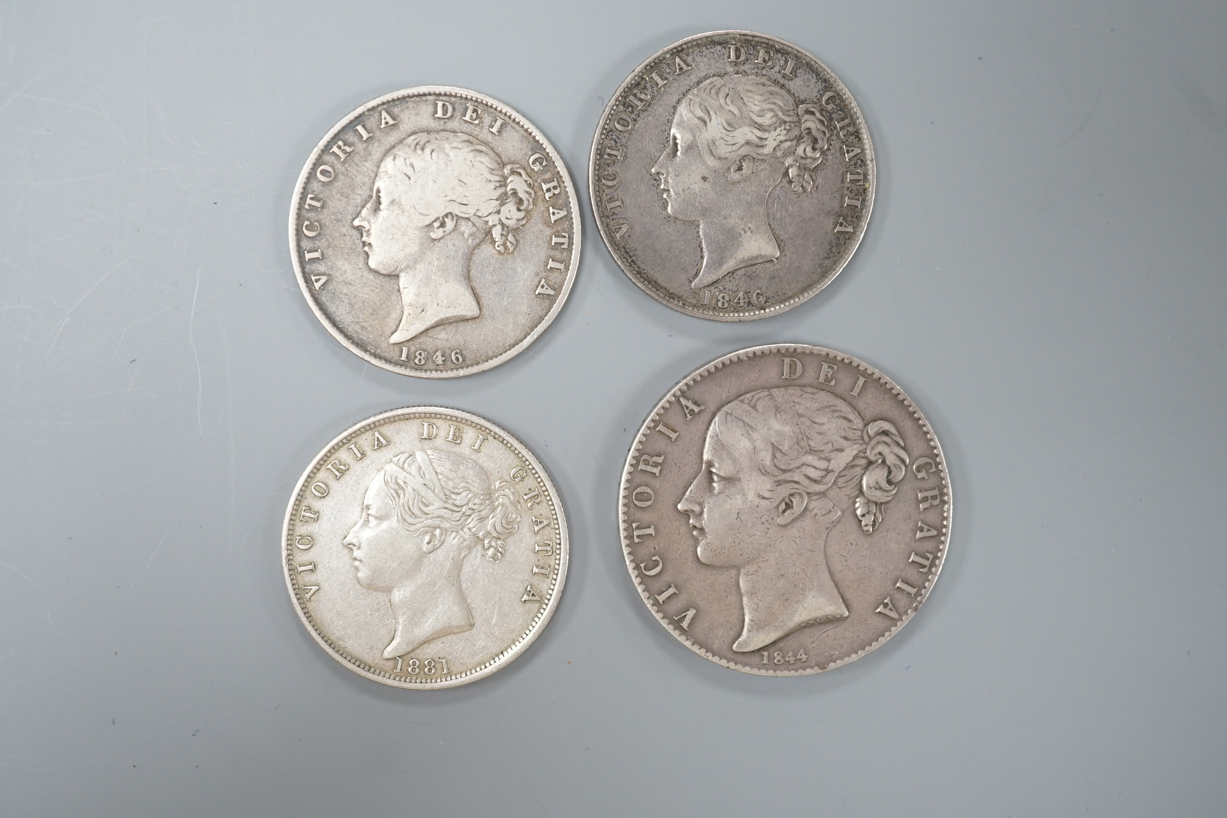 Victoria silver crown 1844, F and three halfcrowns 2 x 1846, NVF and F and 1841 GVF - Image 2 of 2